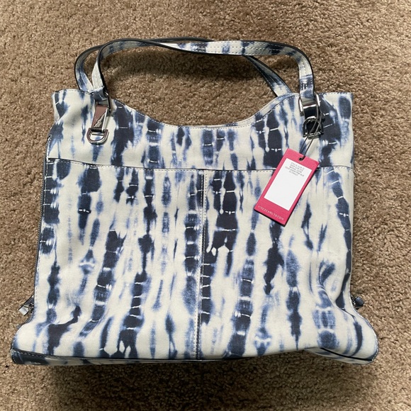 VINCE CAMUTO LAMB LEATHER ELIZA TOTE BAG. SHIBORI PRINT BLUE. - Picture 2 of 9